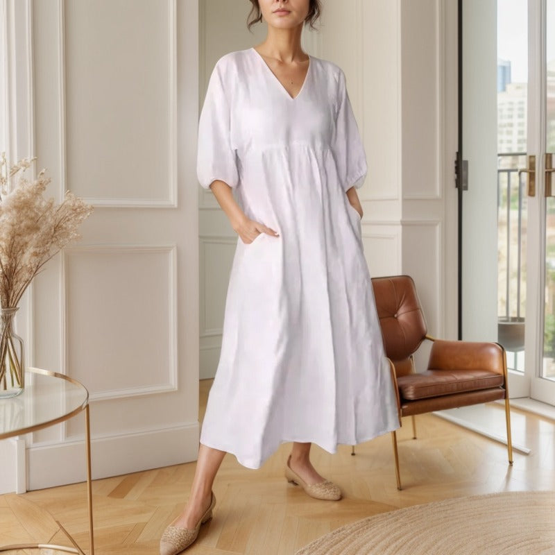 Vestido Alma Livre™ em Linho de Algodão com Gola V e Manga Ampla / Para Mulheres que Dançam com o Vento e Vestem Leveza!