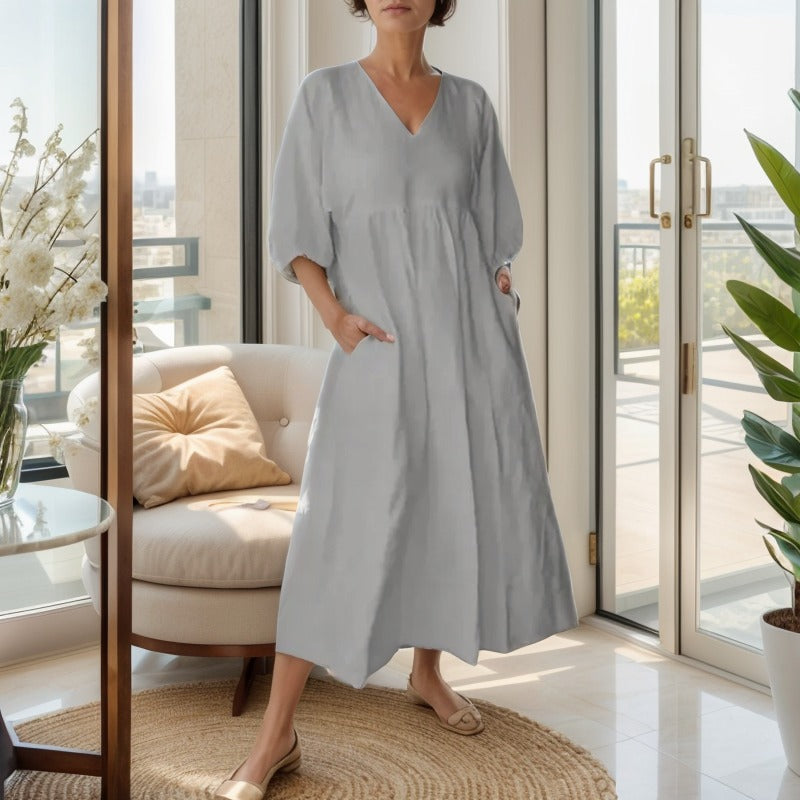 Vestido Alma Livre™ em Linho de Algodão com Gola V e Manga Ampla / Para Mulheres que Dançam com o Vento e Vestem Leveza!