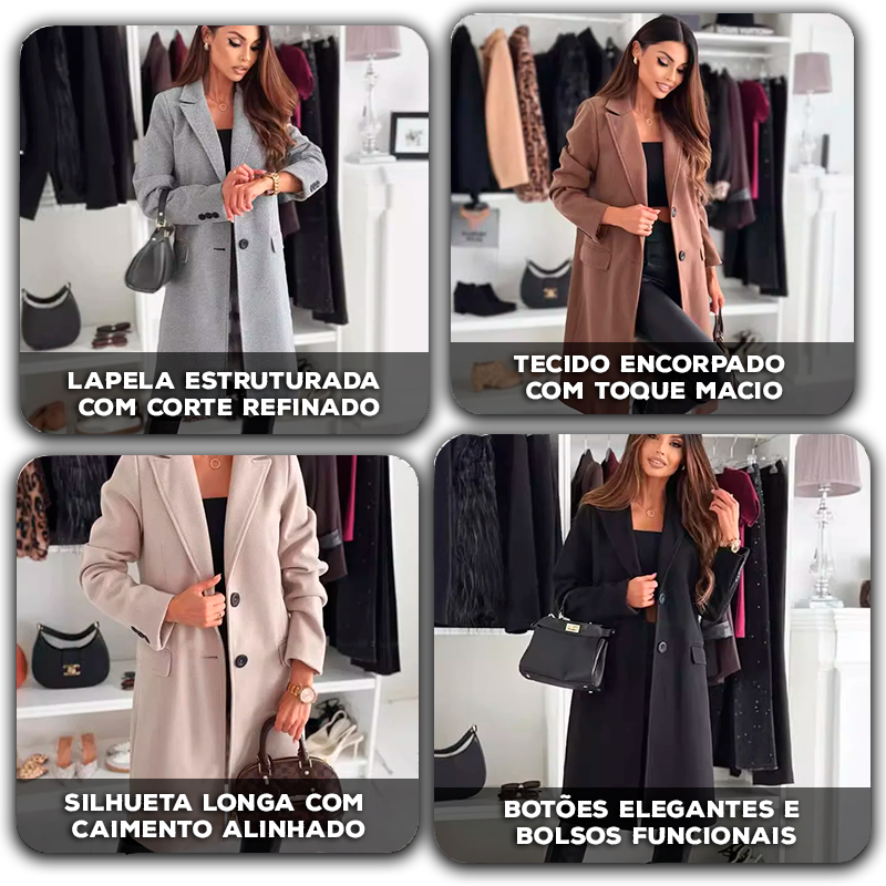 Casaco Annelise™ com Lapela Estruturada e Silhueta Alongada / Elegância Imponente para a Mulher que Marca o Espaço ao Entrar!