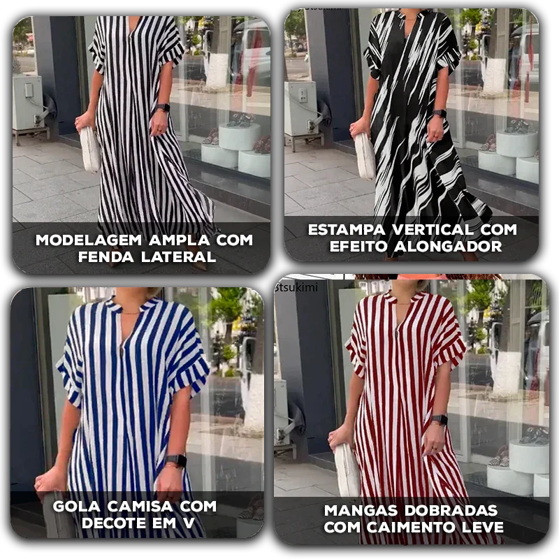 Vestido Olívia Moderna™ com Gola Camisa e Estampa Vertical / Charme Urbano com Leveza e Sofisticação!