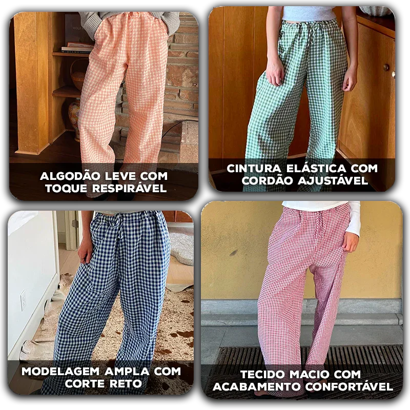 Calça Xadrez Serena™ em Algodão Macio / Conforto e Charme para seus Momentos de Relaxamento!
