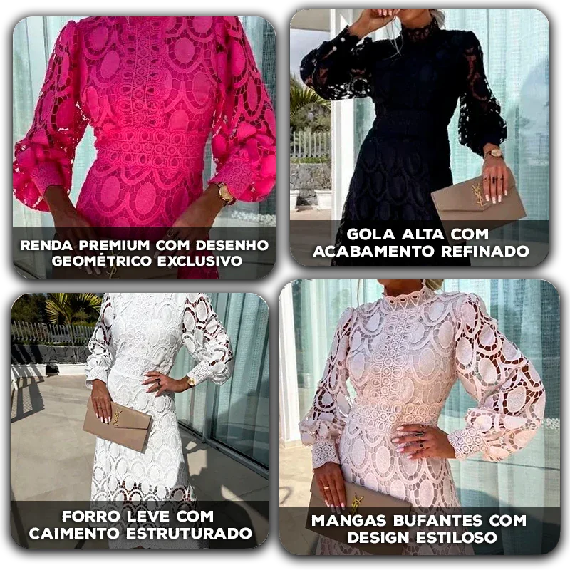 Vestido La Viena™ em Renda Bordada com Gola Alta / Sofisticação Atemporal para Brilhar com Classe!
