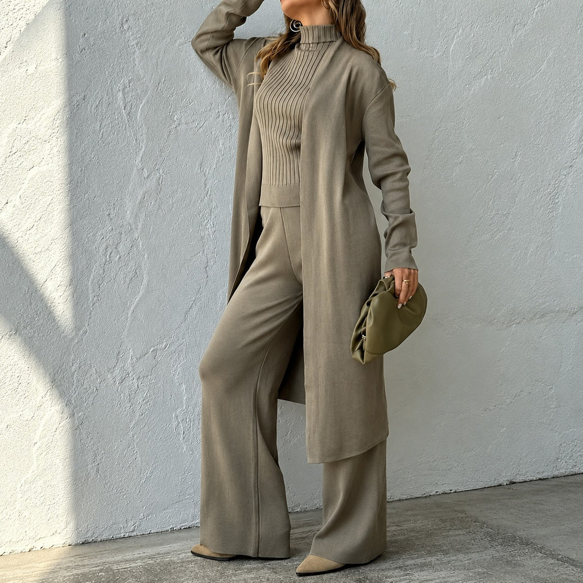 Conjunto Monalisa™ com Regata Canelada, Cardigan Longo e Calça Pantalona