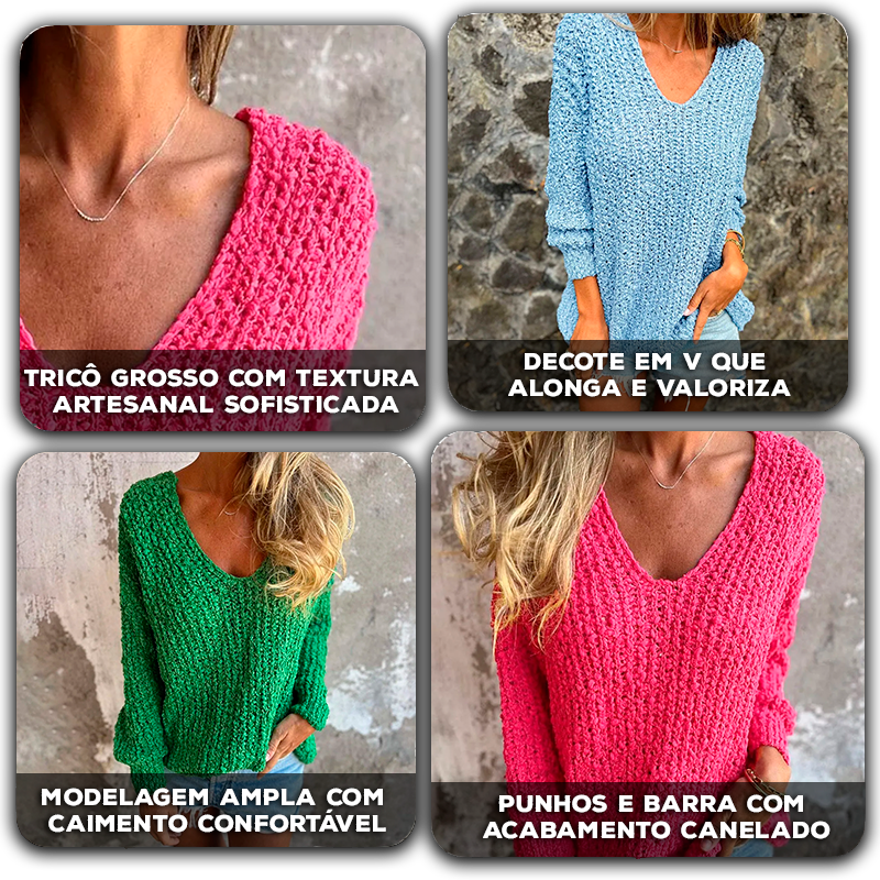 Suéter Vivette™ em Ponto Artesanal com Decote em V / Para Mulheres que Esbanjam Delicadeza com Estilo!