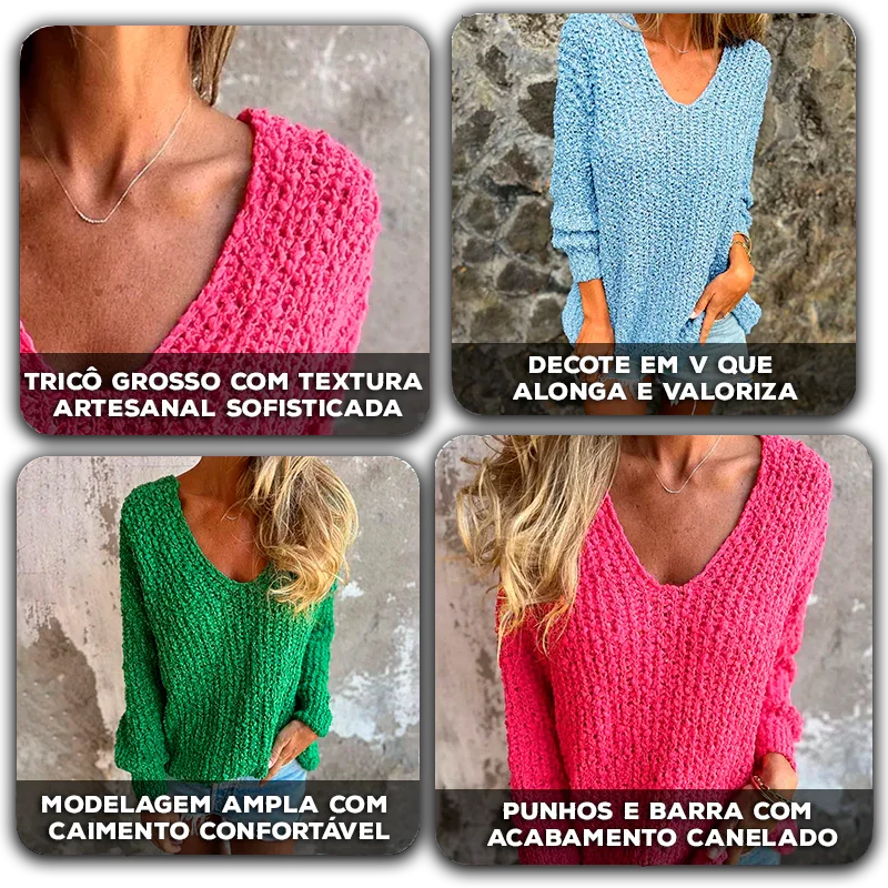 Suéter Vivette™ em Ponto Artesanal com Decote em V / Para Mulheres que Esbanjam Delicadeza com Estilo!