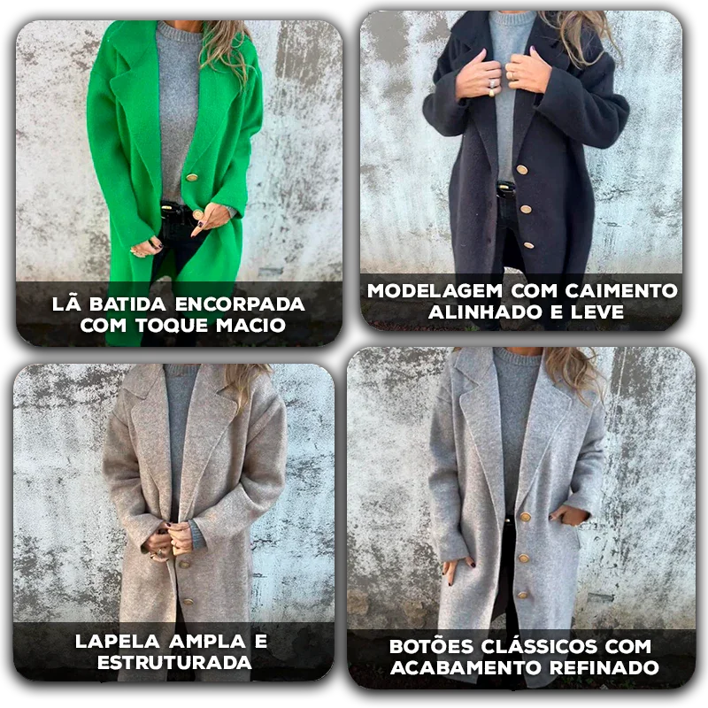 Casaco Dominique™ em Lã Batida com Lapela Estruturada e Botões Clássicos / Elegância Atemporal que Aquece com Estilo e Personalidade!