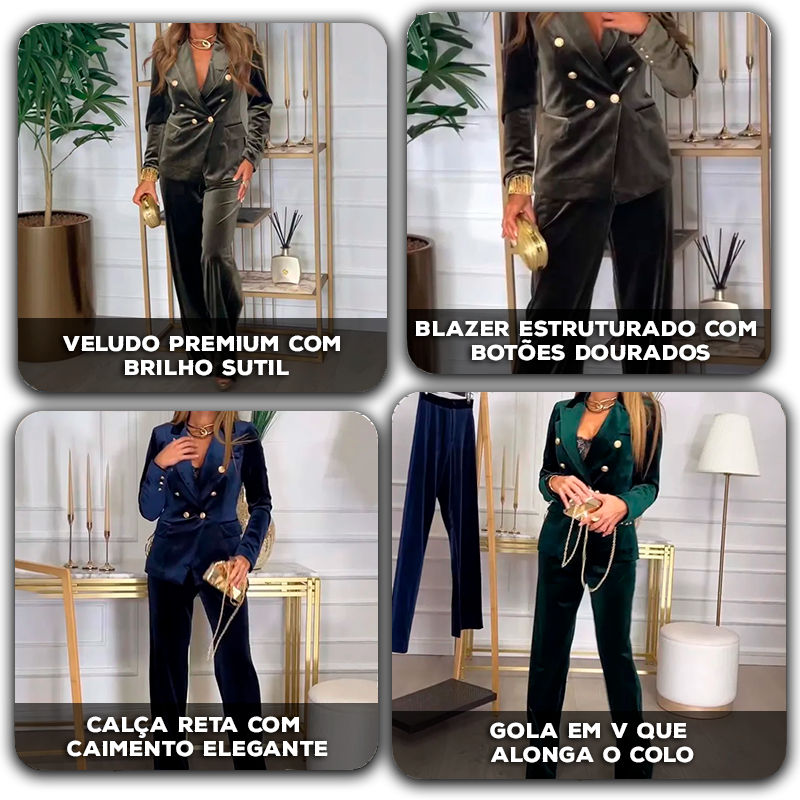 Conjunto Victoria™ Toque Aveludado com blazer estruturado e calças fluidas / Sofisticação e poder num look intemporal!