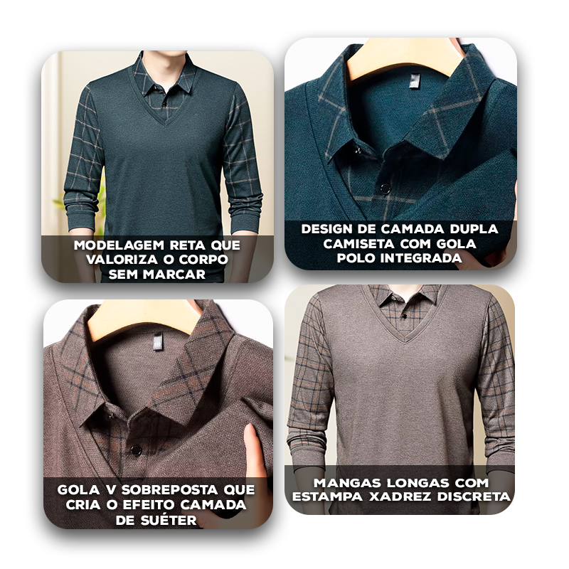 Camisa Harper™ com Design de Camada Dupla e Manga Xadrez / Modernidade e Estilo em Sintonia Perfeita