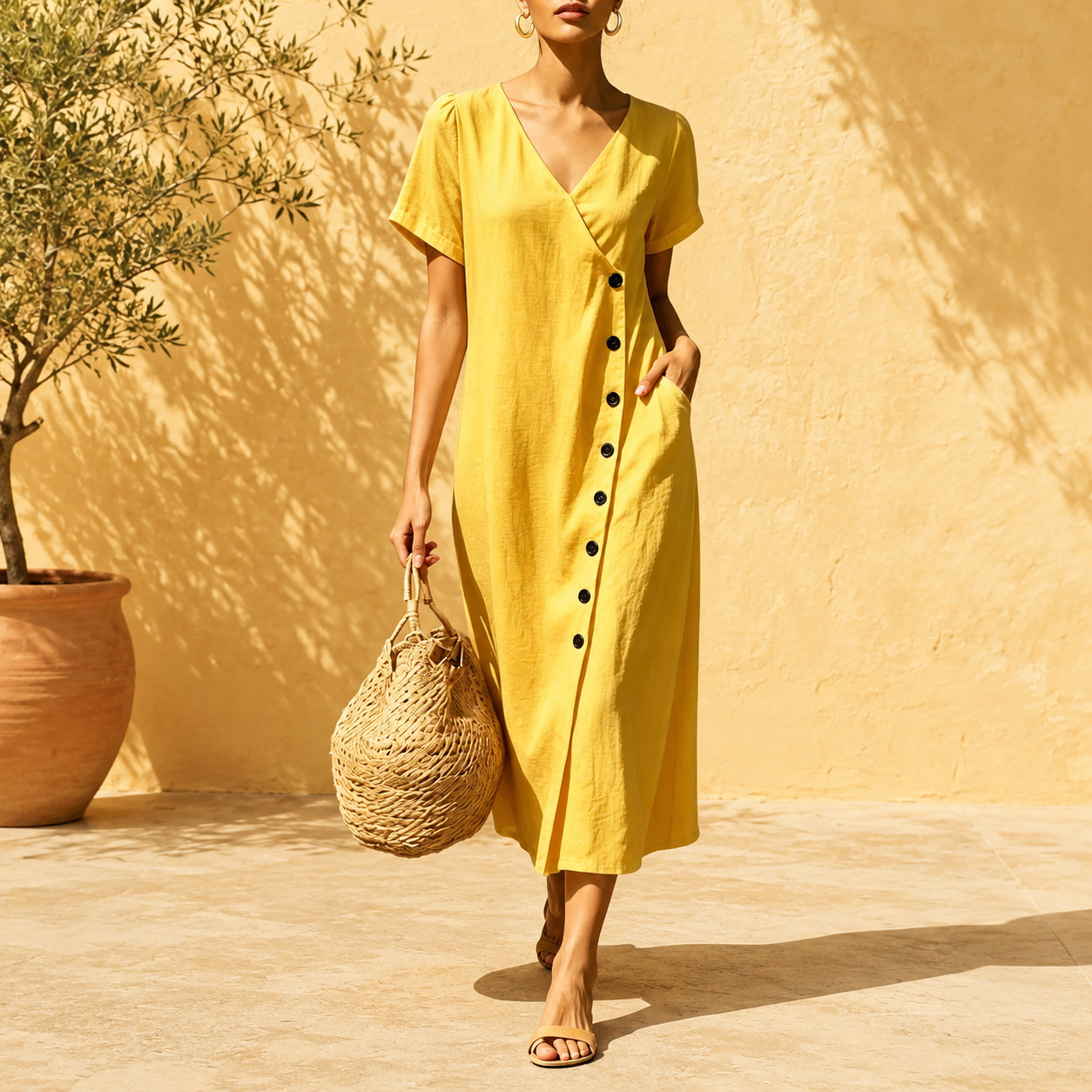 Vestido Midi Clarisa™ Com Decote em V e Botões Chiques / Um Visual Sofisticado Sem Esforço