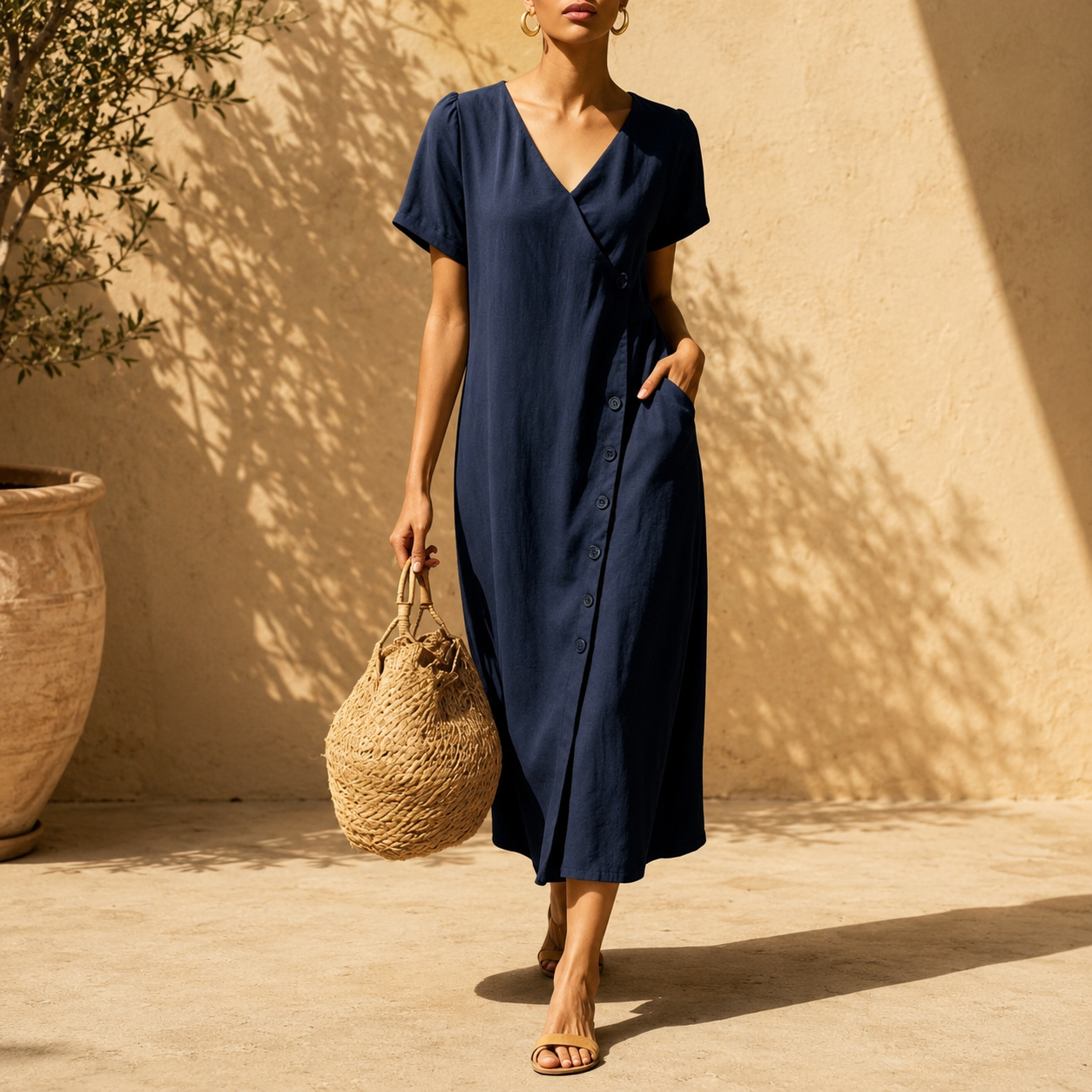 Vestido Midi Clarisa™ Com Decote em V e Botões Chiques / Um Visual Sofisticado Sem Esforço