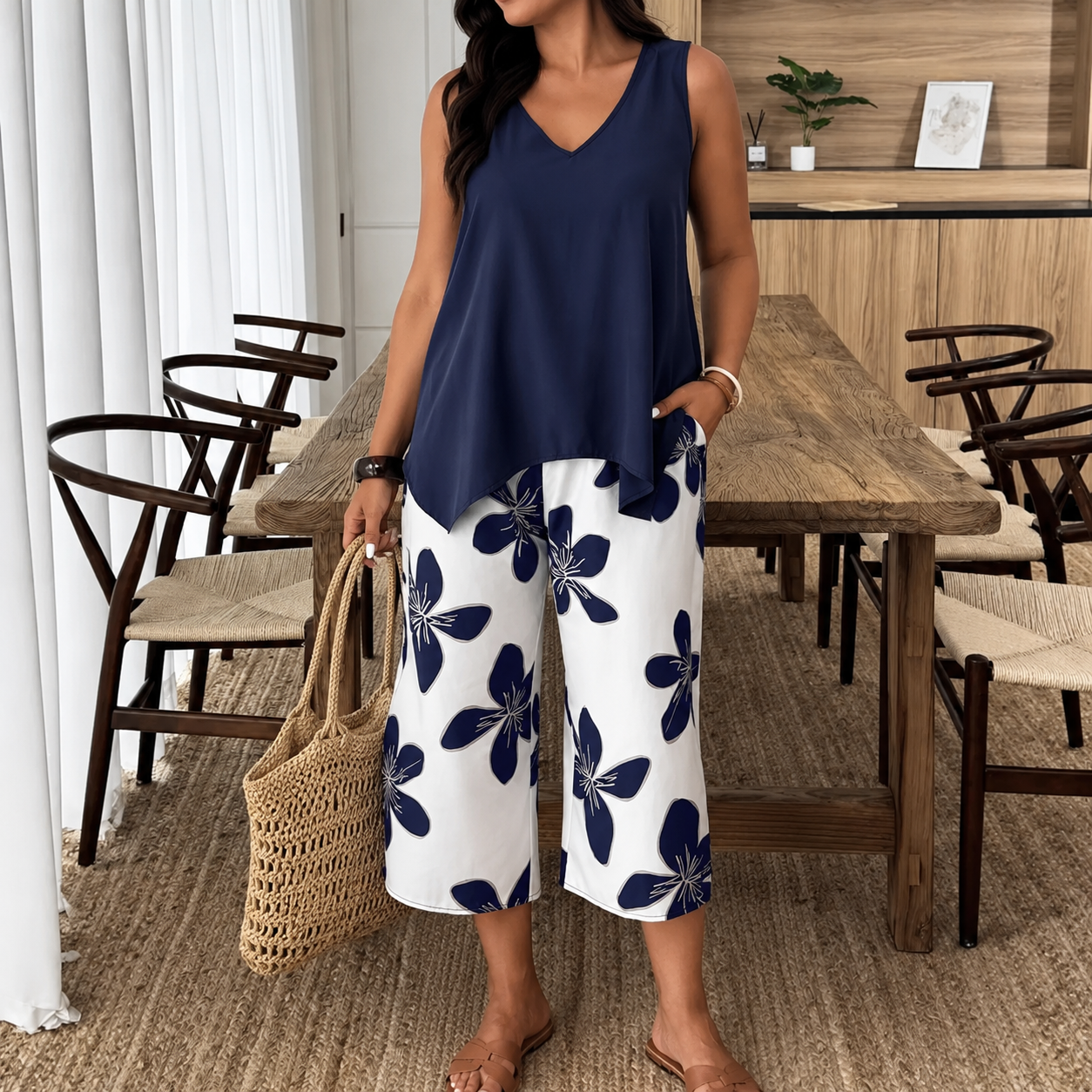 Conjunto Nerina™ com Blusa Assimétrica sem Mangas e Calça Pantacourt de Estampa Floral