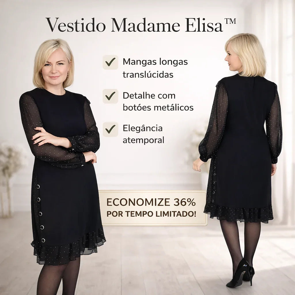 Vestido Madame Elisa™ com Mangas Longas Translúcidas e Detalhes Delicados / Elegância Clássica que Nunca Sai de Cena!