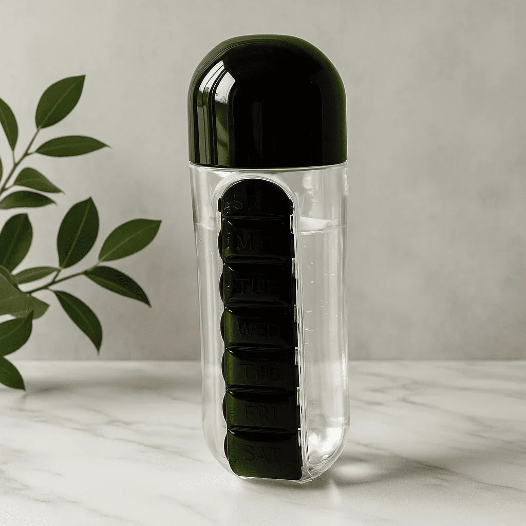 Garrafa AquaOrganize™ com Compartimentos para Remédios e Suplementos / Cuide da Sua Saúde com Estilo e Facilidade!