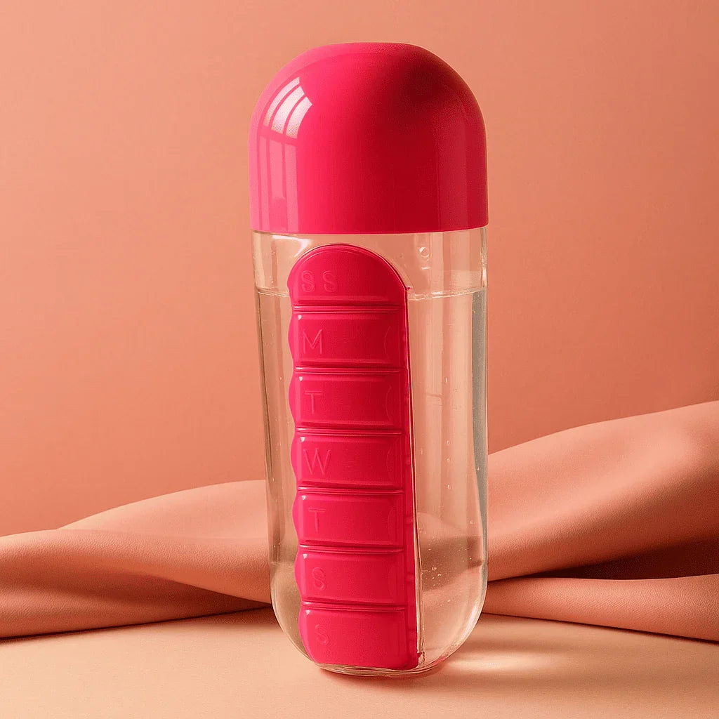 Garrafa AquaOrganize™ com Compartimentos para Remédios e Suplementos / Cuide da Sua Saúde com Estilo e Facilidade!