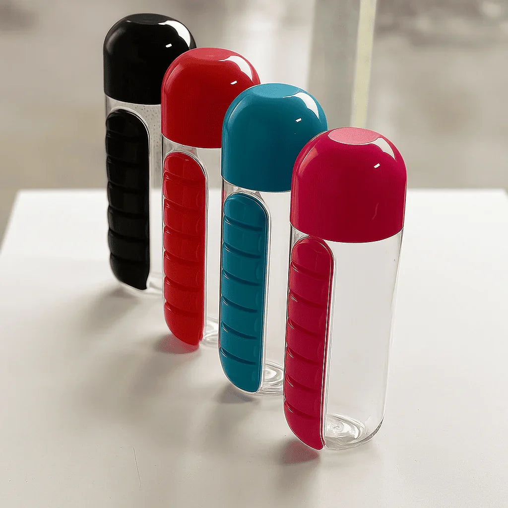 Garrafa AquaOrganize™ com Compartimentos para Remédios e Suplementos / Cuide da Sua Saúde com Estilo e Facilidade!