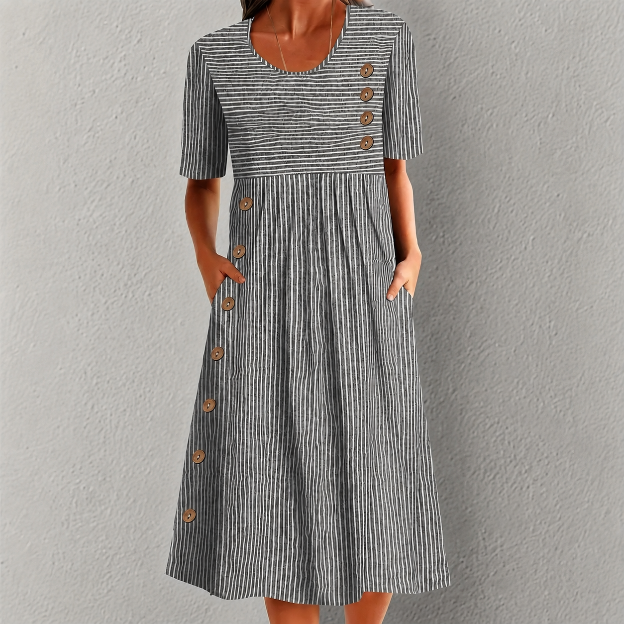 Vestido Elvanna™ com Estampa de Listras Delicadas e Botões Decorativos Chiques / Charme Retrô Para Um Visual Feminino
