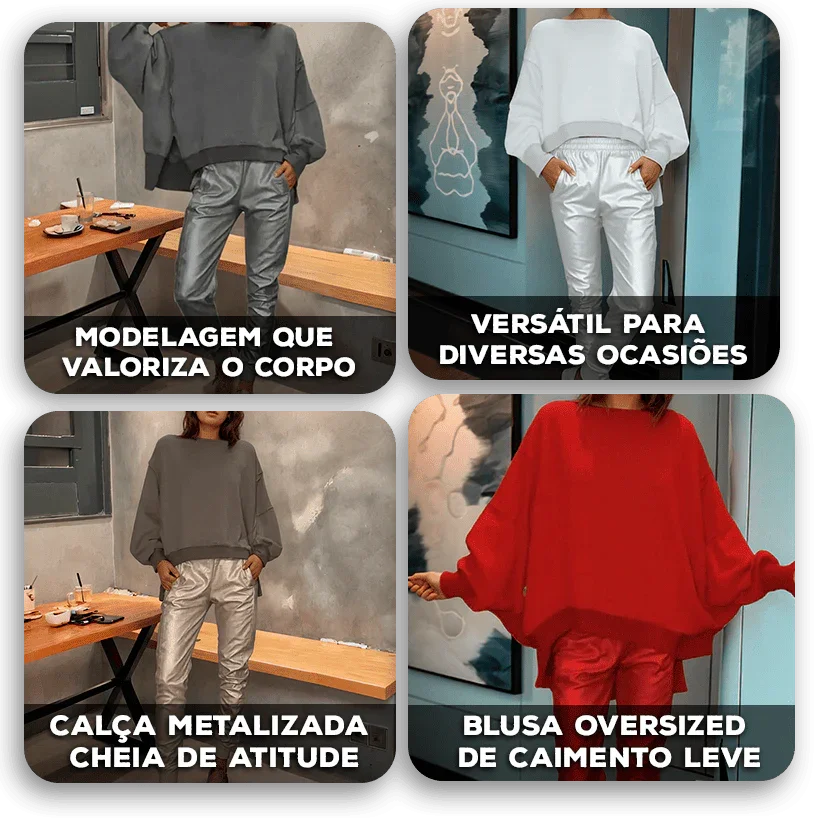 Conjunto Eclipse™ Blusa Oversized e Calça Metalizada / Estilo Urbano com Toque de Glamour!