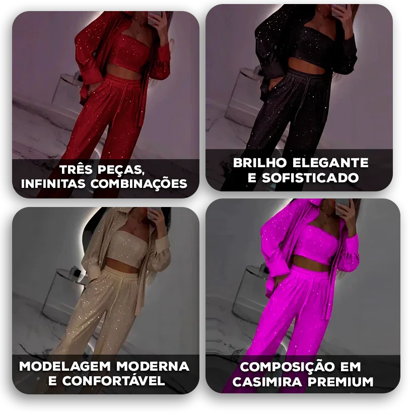 Conjunto Midnight™ com Pantalona, Top e Camisa Brilhante / O Glamour Moderno em Movimento!