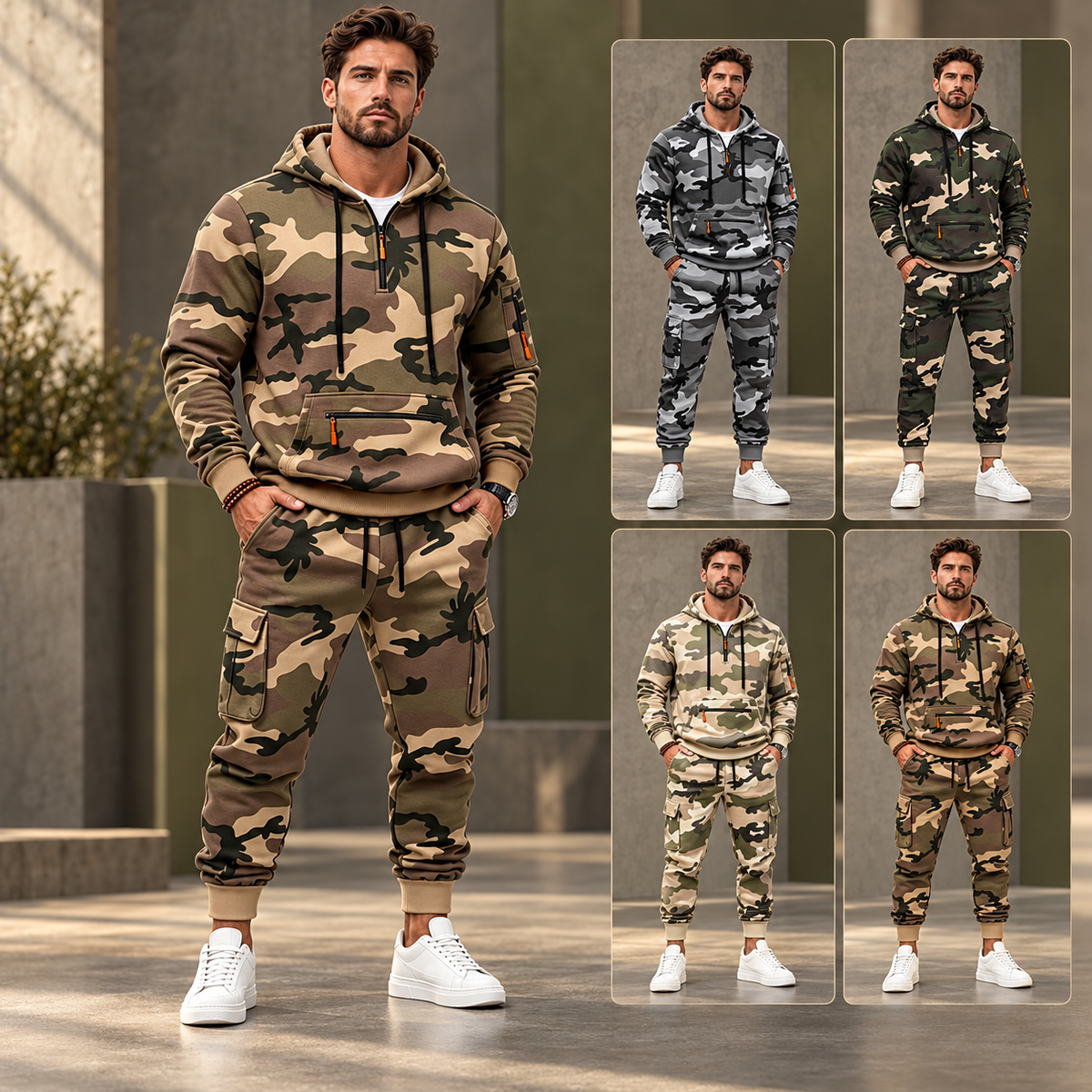 Conjunto Camuflado Salerno™ em Moletom Premium Com Capuz e Calça Cargo