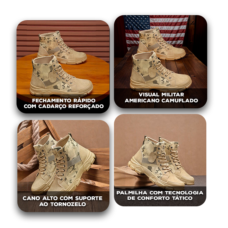 Coturno AmericanPatriot™ com Estampa Militar e Solado Antiderrapante / Para Homens que Valorizam Liberdade, Força e Tradição!