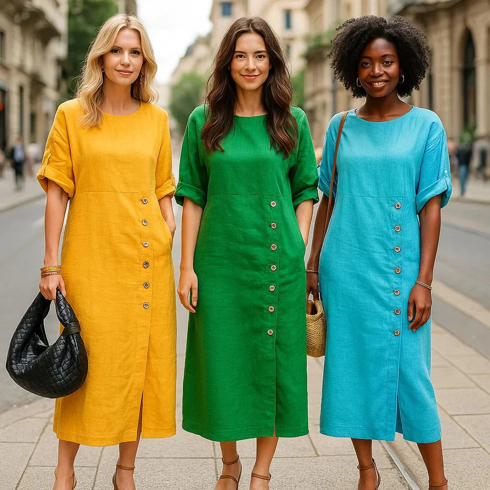 Vestido Adélie™ em Linho de Algodão com Botões Laterais e Fenda Sofisticada / Movimento e Elegância na Medida Certa!