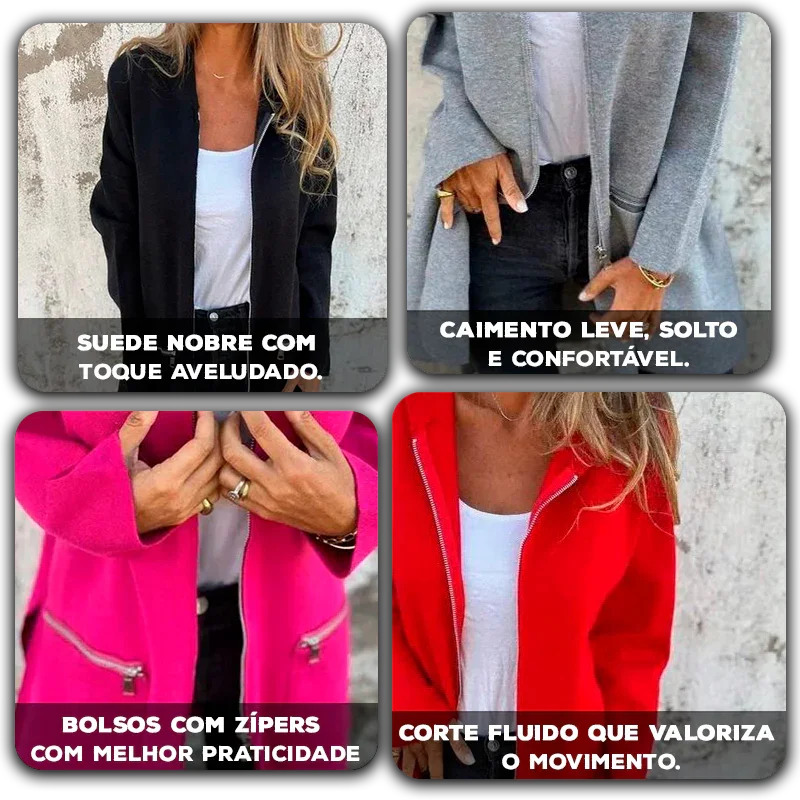 Casaco Isadora Valmont™ em Suede Macio com Zíper Elegante / Leveza, Charme e Versatilidade em Cada Movimento!