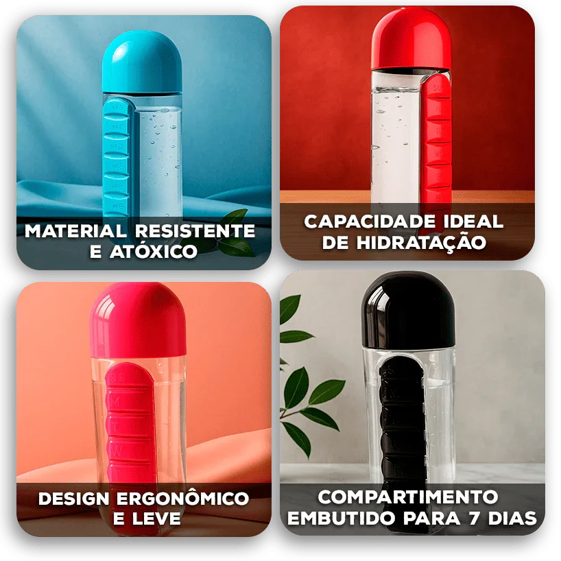 Garrafa AquaOrganize™ com Compartimentos para Remédios e Suplementos / Cuide da Sua Saúde com Estilo e Facilidade!