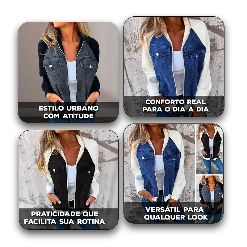 Jaqueta UrbanMix™ com Visual Jeans e Mangas Contrastantes / O Look Perfeito para o Seu Estilo Despojado e Confortável!