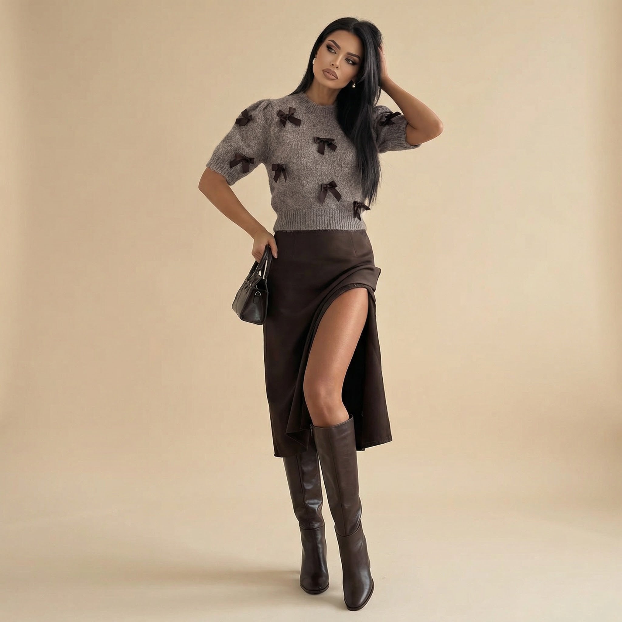 Conjunto Valentina Paris™ de Vestido Acetinado e Blusinha em Tricô com Laços