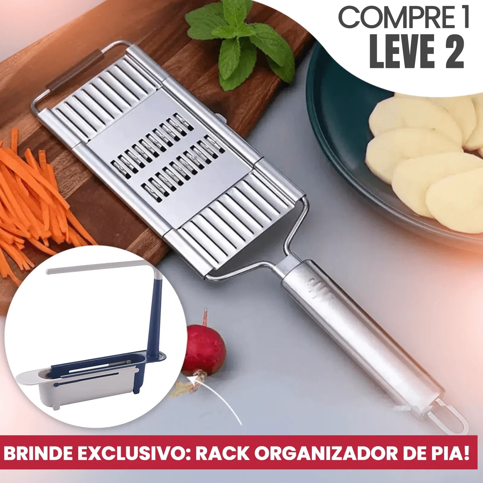 (Compre 1 e Leve 2) Fatiador Multifuncional ModernSlice™ com 4 Laminas Substituíveis + BRINDE Exclusivo: Rack Organizadora de Pia! - ModernLar