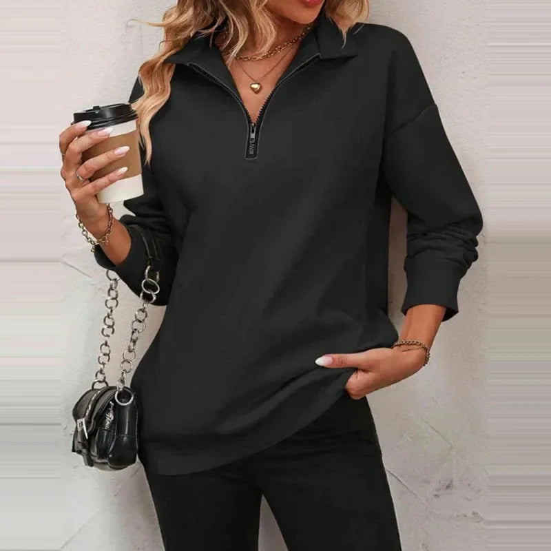 Blusa Olivia™ em Moletom Premium com Gola Alta e Zíper Frontal / A Peça-Coringa que Vai com Tudo!