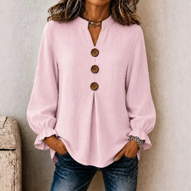 Blusa Kamille™ em Linho de Algodão com Gola Mandarim, Botões Frontais e Punhos com Babados