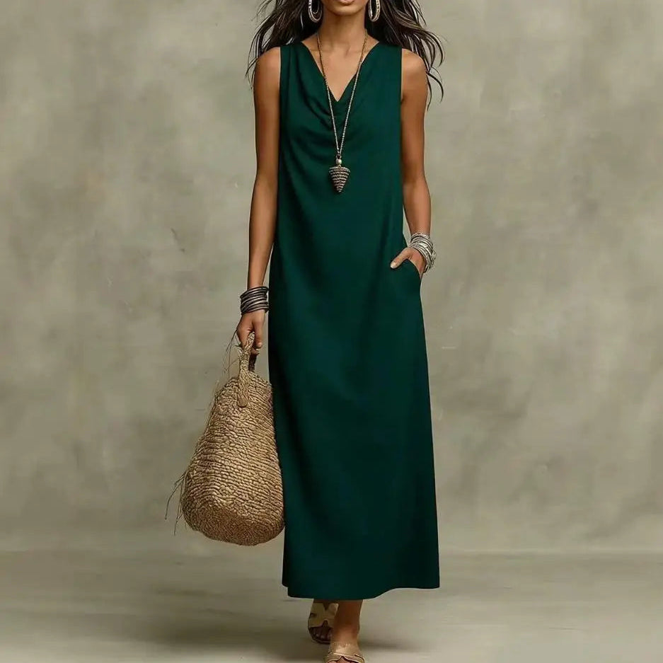 Vestido Aveline™ com Decote Drapeado, Caimento Soltinho e Bolsos Laterais