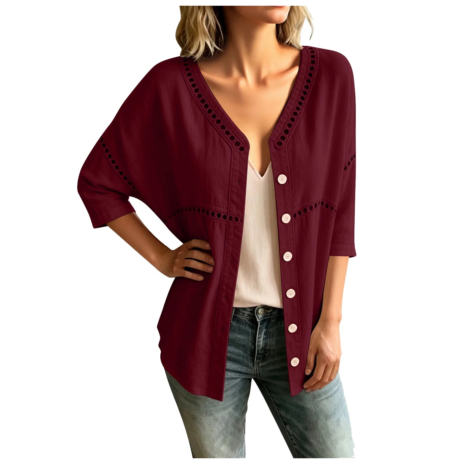 Cardigan Marelia™ Em Linho De Algodão Com Detalhes Vazados E Decote Em V / Sofisticação Exclusiva Inspirada No Mediterrâneo