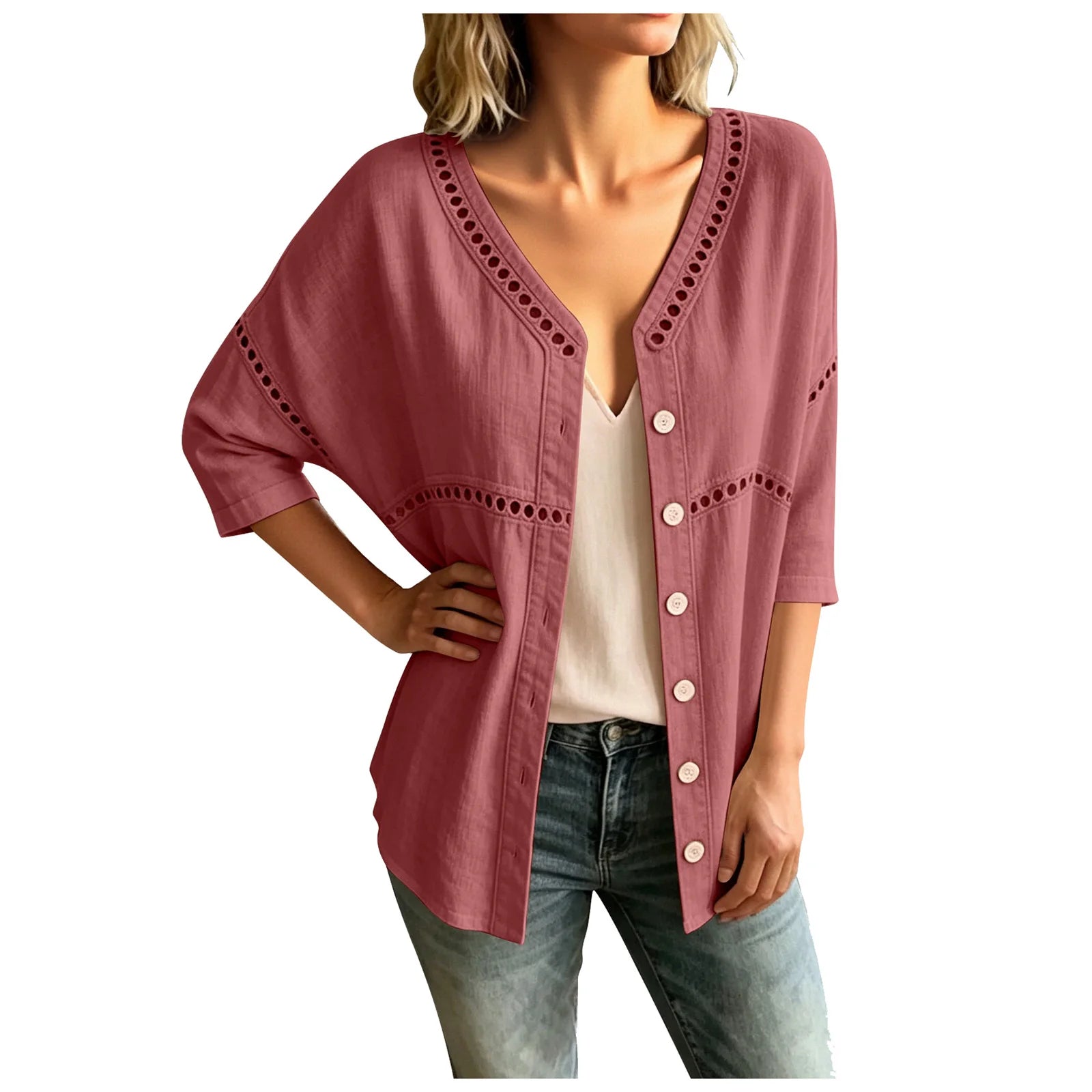 Cardigan Marelia™ Em Linho De Algodão Com Detalhes Vazados E Decote Em V / Sofisticação Exclusiva Inspirada No Mediterrâneo
