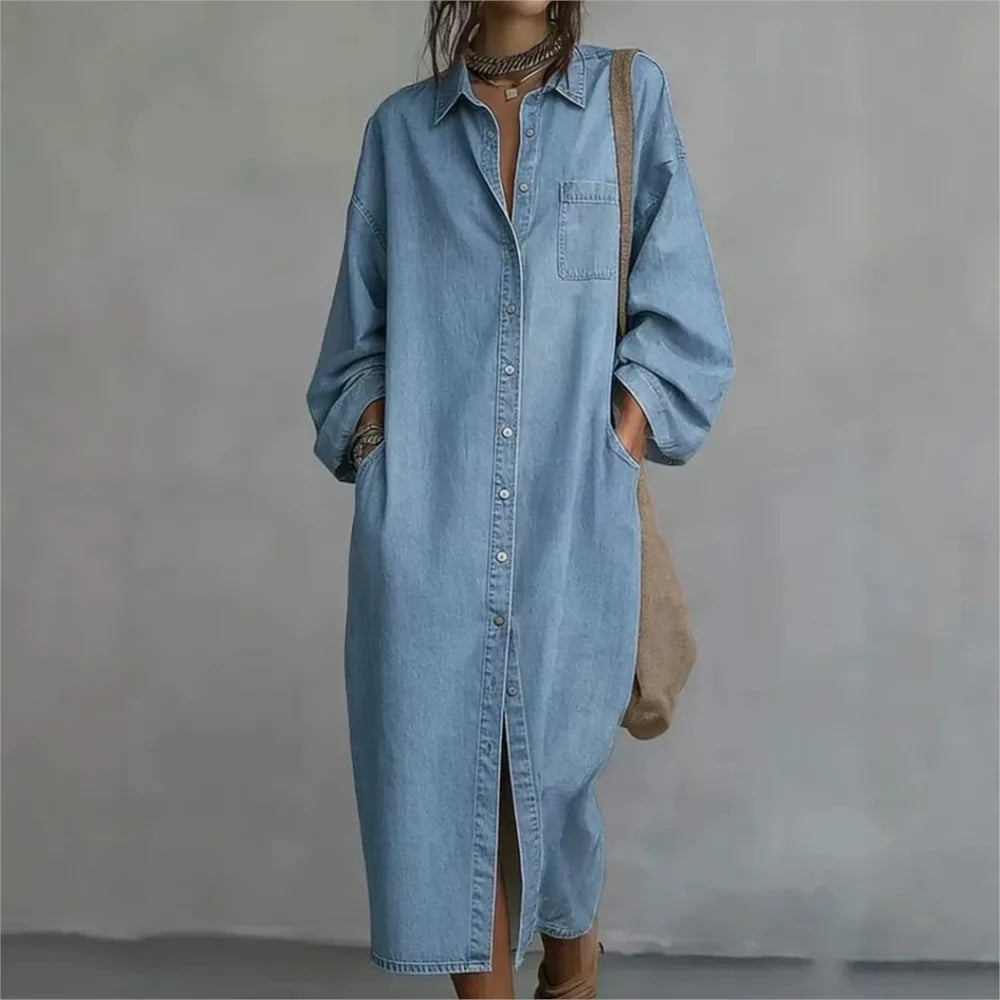 Vestido Chemise Colmar™ em Jeans com Gola Clássica e Fechamento Frontal por Botões