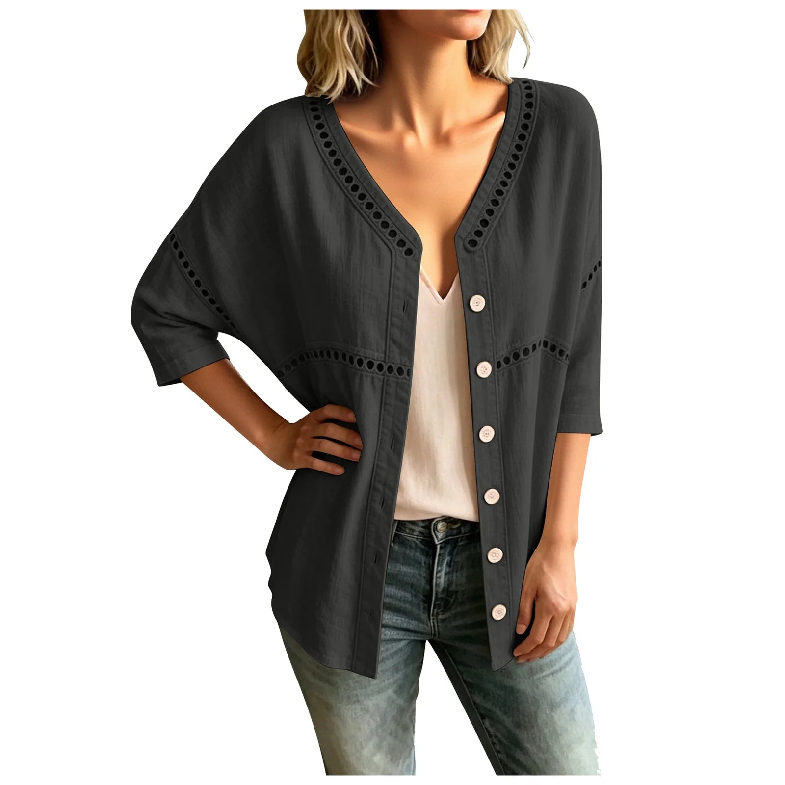 Cardigan Marelia™ Em Linho De Algodão Com Detalhes Vazados E Decote Em V / Sofisticação Exclusiva Inspirada No Mediterrâneo