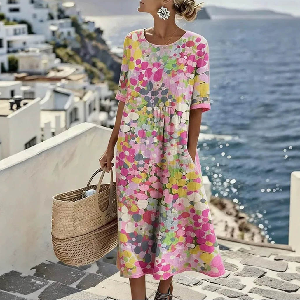 Vestido Florenne™ com Estampa Floral Abstrata e Modelagem Ampla / Cores Que Trazem Leveza Ao Visual