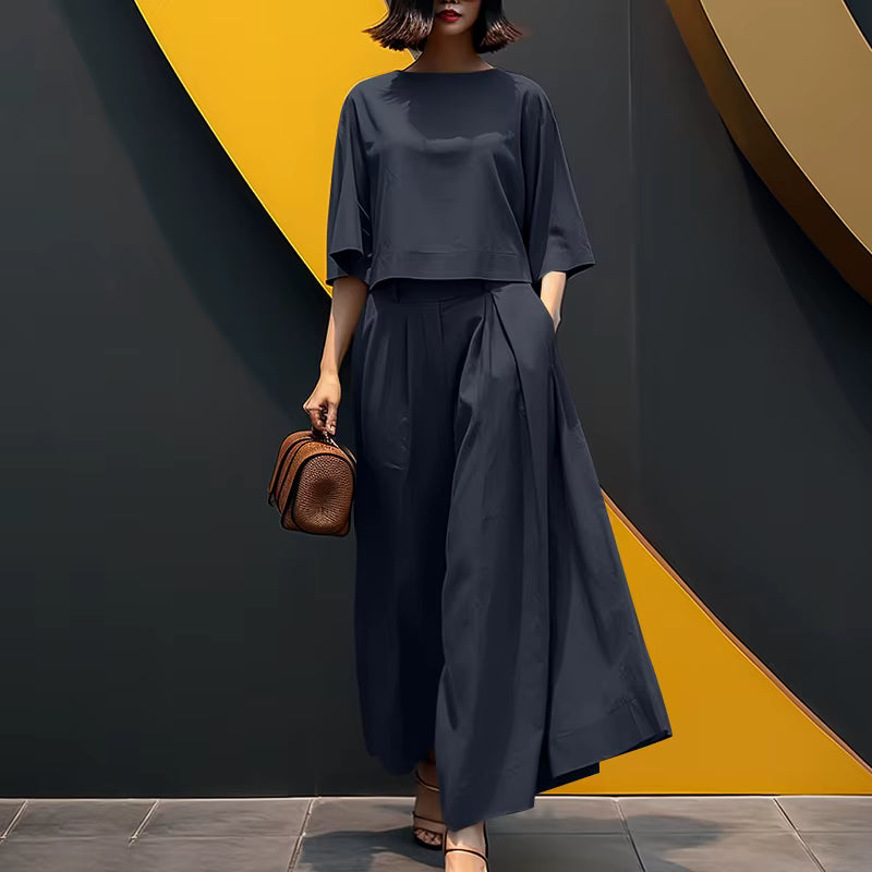 Conjunto Sofia™ em Popelina com Manga Kimono e Calça Saia de Cintura Alta