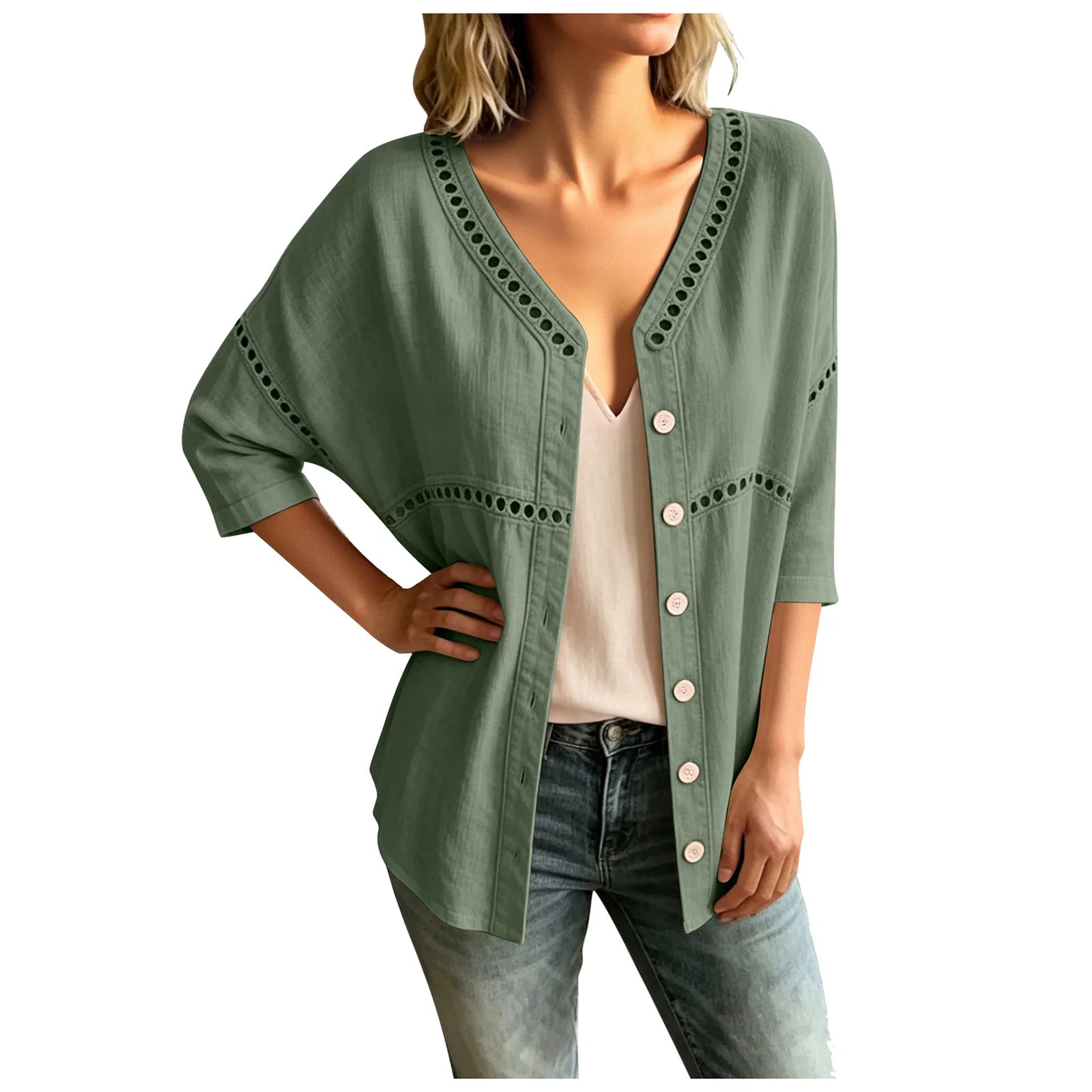 Cardigan Marelia™ Em Linho De Algodão Com Detalhes Vazados E Decote Em V / Sofisticação Exclusiva Inspirada No Mediterrâneo