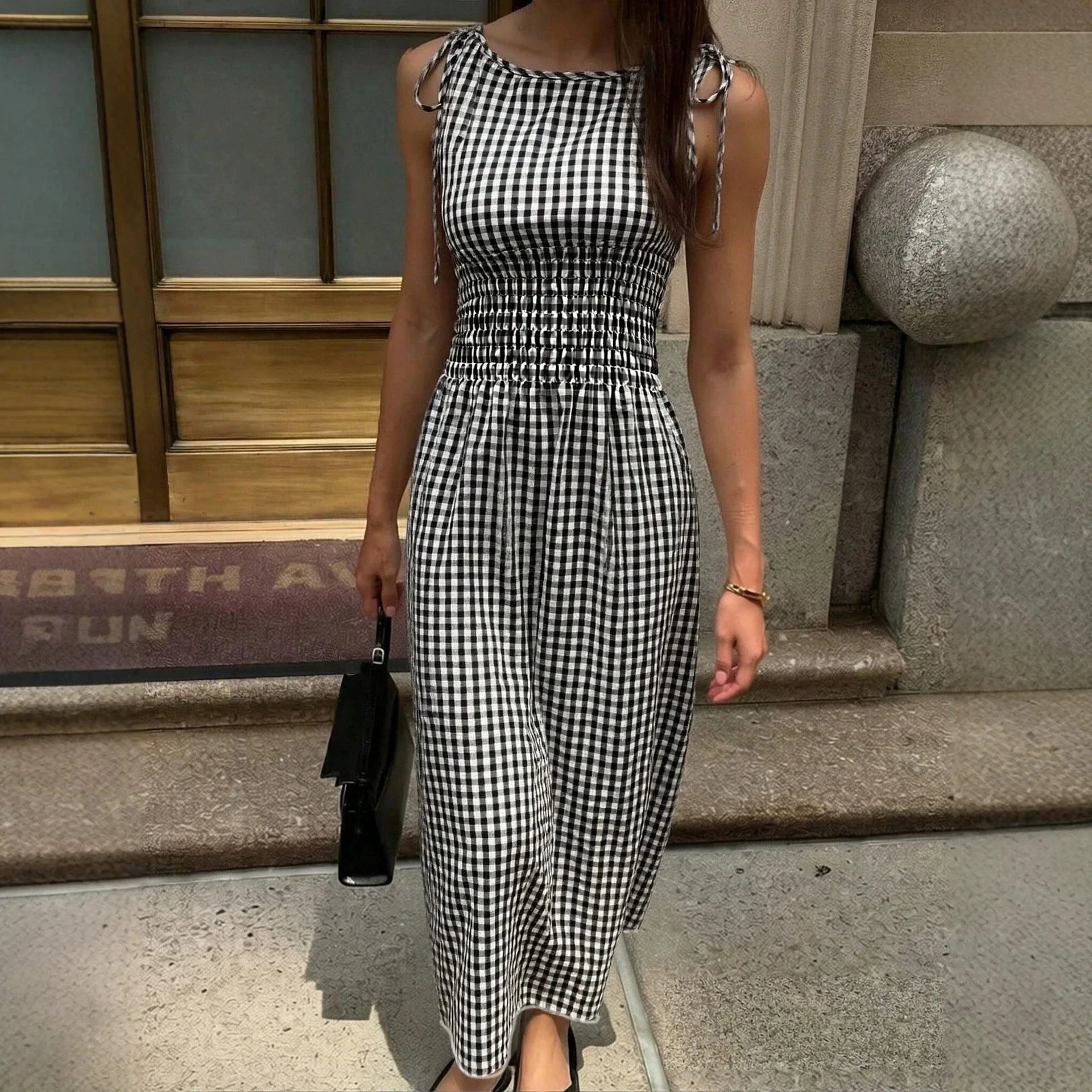 Vestido Marenna™ Com Estampa Vichy e Cintura Marcada / Romantismo Casual Com Toque Europeu