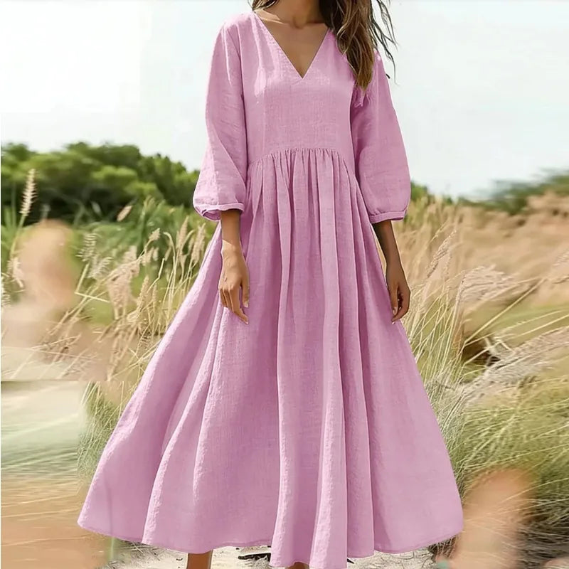 Vestido Arietta™ com Decote em V, Cintura Alta e Saia Longa Ampla / Movimento e Delicadeza em Cada Passo