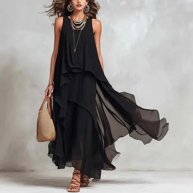 Vestido Emanuela™ com Sobreposição Elegante e Comprimento Longo / Leveza Para Ocasiões Especiais