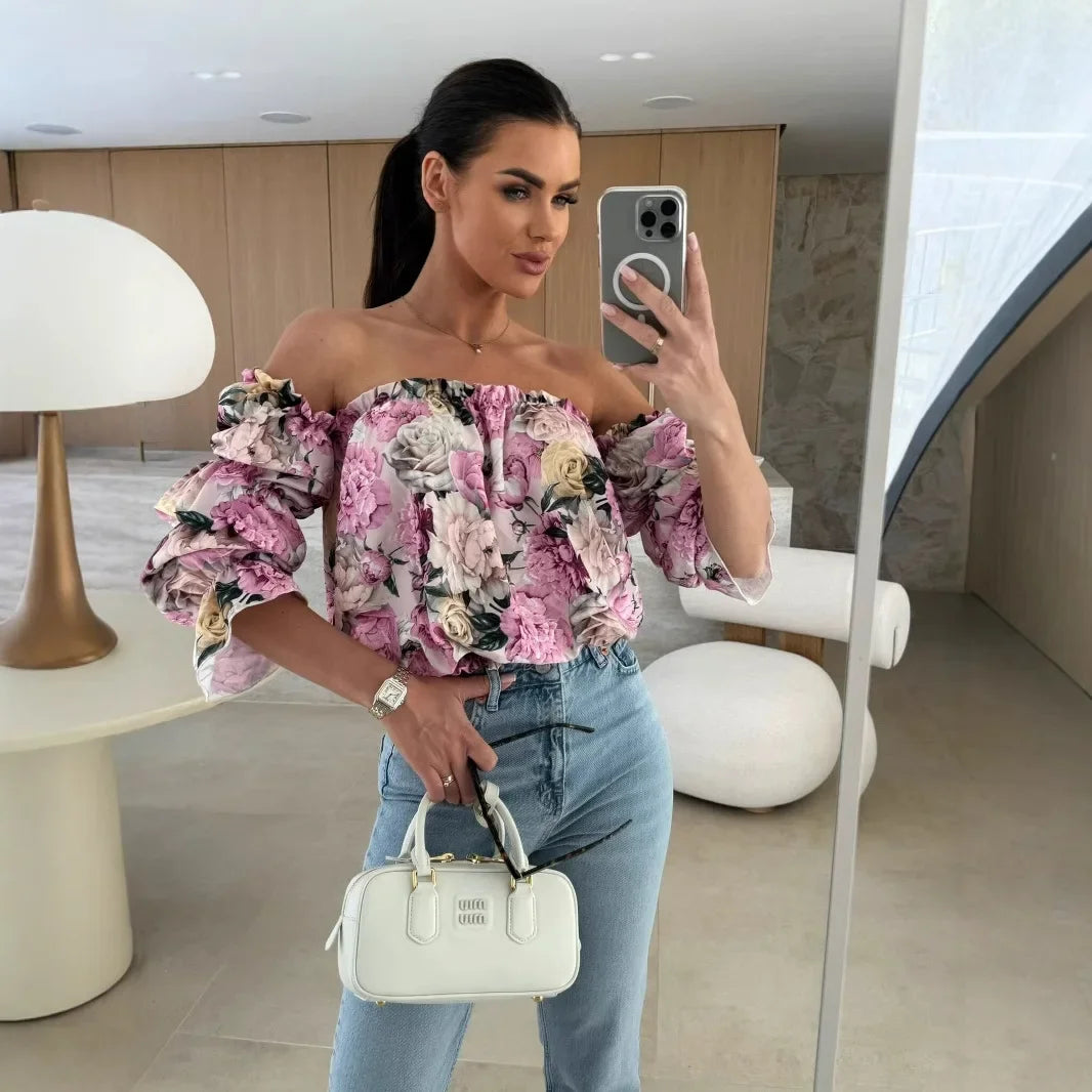 Blusa Florenze™ Ombro a Ombro com Design Floral Elegante