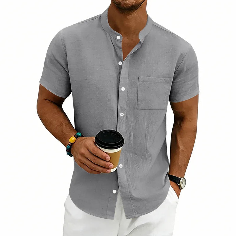 Camisa Montese™ Em Linho de Algodão Com Gola Mandarim