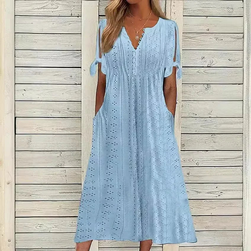 Vestido Mirielle™ com Bordado Artesanal Delicado e Mangas Laço / O Look Perfeito para Dias de Sol e Leveza!