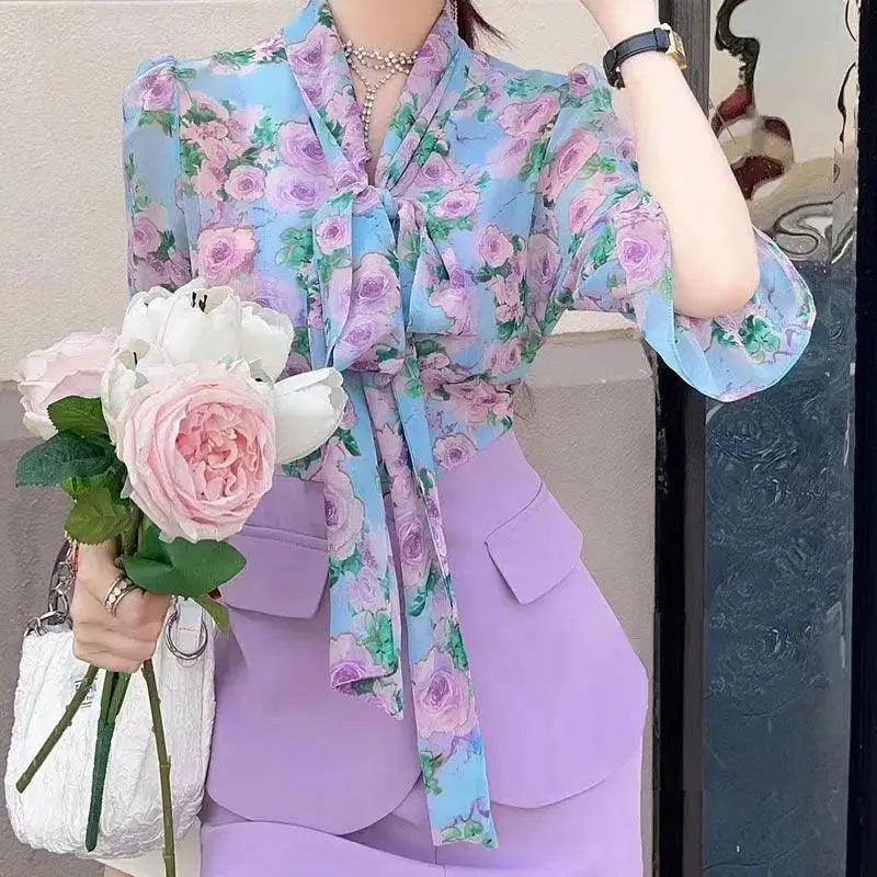 Conjunto Floribella™ em Chiffon com Blusa Floral + Calça Palazzo / O Look Que Deixa Qualquer Mulher Exalando Elegancia e Glamour! - ModernLar