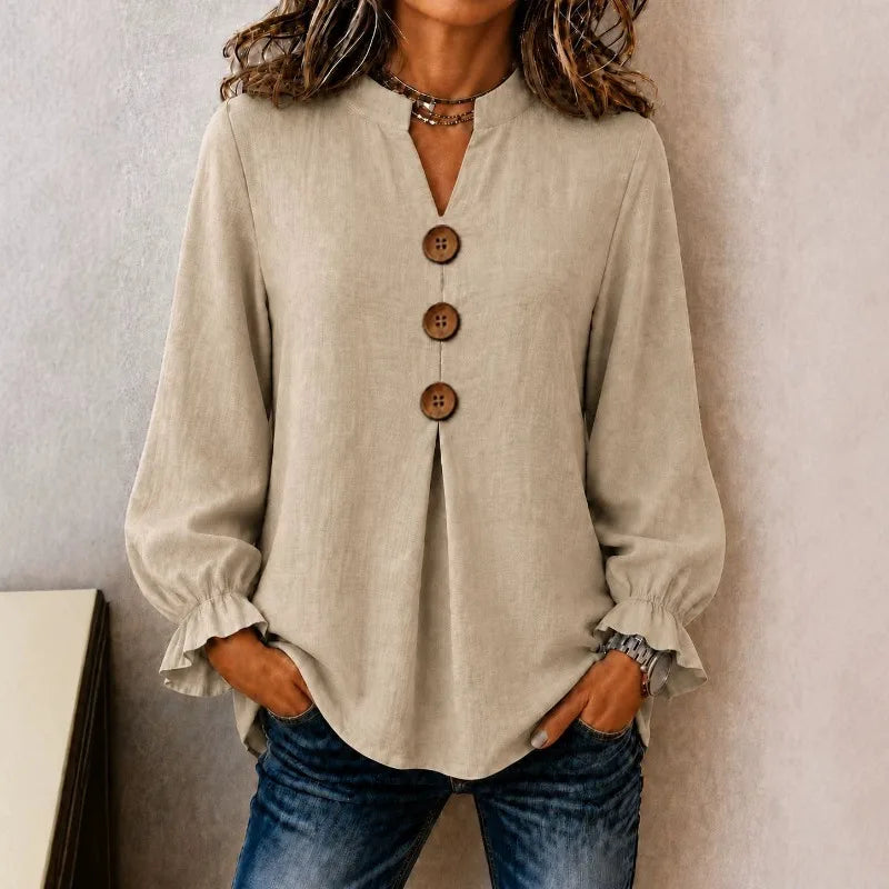 Blusa Kamille™ em Linho de Algodão com Gola Mandarim, Botões Frontais e Punhos com Babados