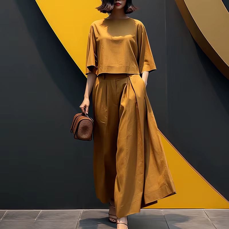 Conjunto Sofia™ em Popelina com Manga Kimono e Calça Saia de Cintura Alta