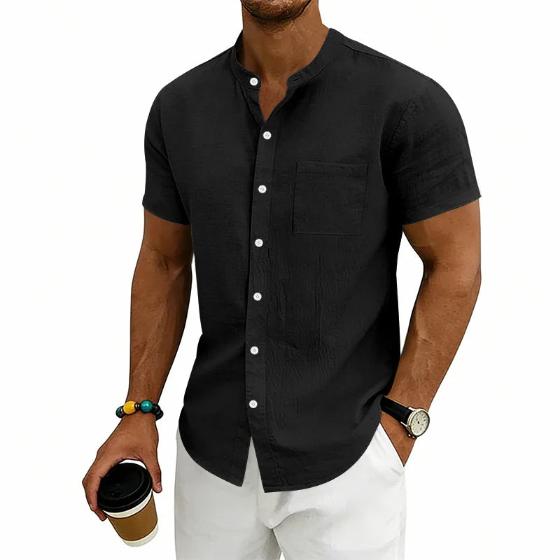 Camisa Montese™ Em Linho de Algodão Com Gola Mandarim